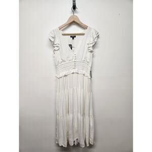 NWT. Express Women's Flutter Sleeves Tiered Textured Midi White Dress, Size Med
